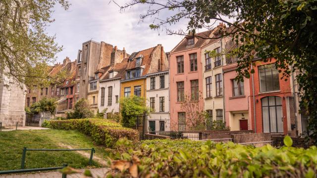 Colorful houses behind the Treille, Place Gilleson