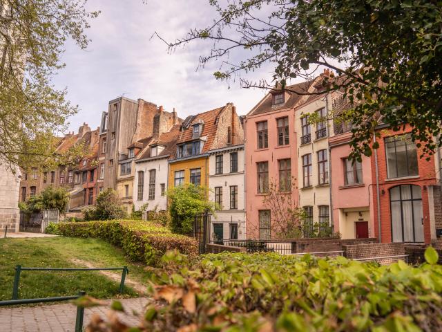 Colorful houses behind the Treille, Place Gilleson