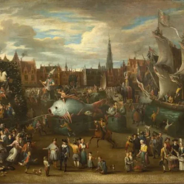 Fête traditionnelle à Anvers avec le géant Druon Antigon, 17e siècle. Lille, musée de l’Hospice Comtesse © GrandPalaisRmn / Stéphane Maréchalle